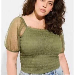 Torrid Smocked Olive Green Sheer Crop Top NWT Size 1X Puff Sleeve Cottagecore